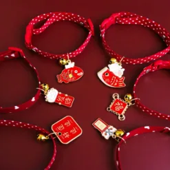 Auspicious Red Polka Dot Pet Collars with Lucky Charms